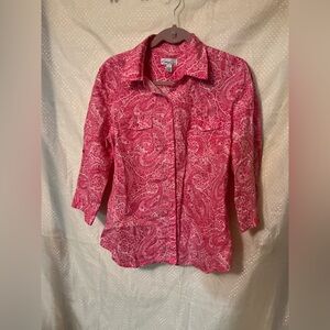 Kim Rogers Pink LINEN Paisley Button Down Roll Tab